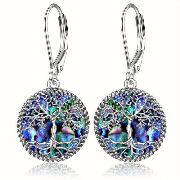 925 Sterling Silver Tree Of Life Earrings Tree Of Life Abalone Shell - Picture 1 of 7